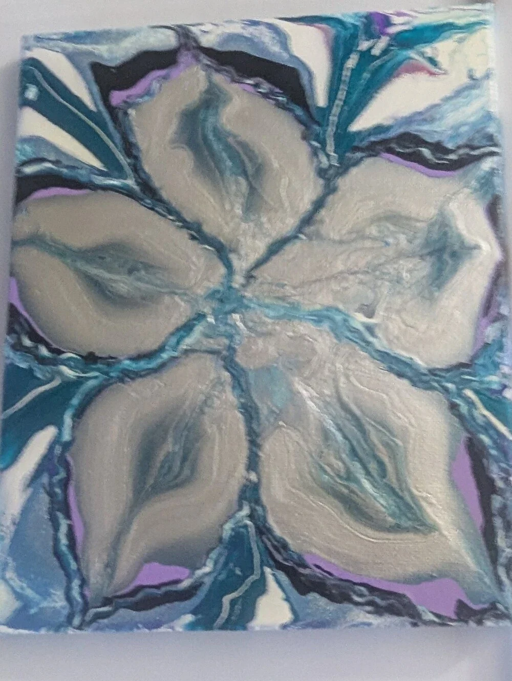 Abstract Fluid Pour Painting Teal Silver Acrylic 8